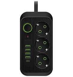 Мережевий фільтр-подовжувач Voltronic FU09, 3 розетки EU + 4 USB + 1 PD, 2 м, 3×0,75 мм, 2500 Вт, чорний - мініатюра 1
