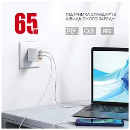 Зарядний пристрій Intaleo 65 Вт GaN 2xUSB-C PD + USB-A QC 3.0 білий (1283126559525) - мініатюра 5