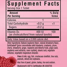 Вітамін D3 Bluebonnet Nutrition Earth Sweet Chewables 400IU зі смаком малини 90 жувальних таблеток - мініатюра 2