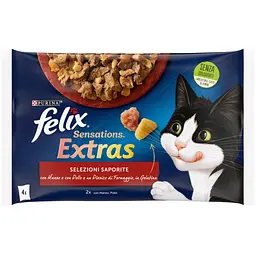 Набір вологого корму FELIX Sensations Extras для дорослих котів кусочки в желе: з яловичиною присмачений сиром (2 шт.), з куркою присмачений беконом (2 шт.) 4x85 г