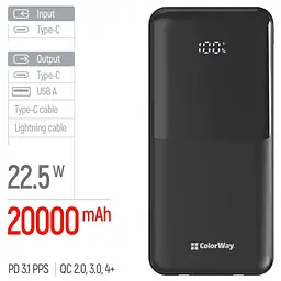Батарея універсальна ColorWay 20 000 мА·год DigiPower PD/22.5 Вт, QC/4.0, чорна (CW-PB200LP01BK) - мініатюра 5