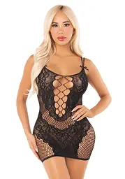 Еротична мінісукня Leg Avenue Lace and Net Mini Dress, Black, One Size, ажурна, відкрита спина - мініатюра 1