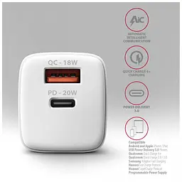 Зарядний пристрій AXAGON 1xUSB QC3.0 + 1xUSB-C PD20W white (ACU-PQ20W) - мініатюра 6