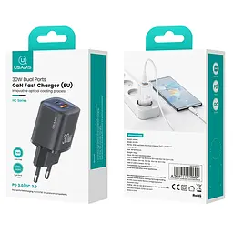 МЗП Usams US-CC254 GaN HC Ser. 30W (1USB-A/1C) Black - мініатюра 6