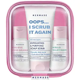 Подарочный набор Mermade Try Kit Hair Care: шампунь для укрепления и сияния волос Bye-bye Hair Drama 85 мл + кондиционер для укрепления и сияния волос Hello Silky Hair 85 мл + скраб-пилинг для кожи головы O... I Scrub It Again 10 + косметичка 