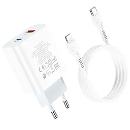 Блок питания зарядный адаптер HOCO C97A 2 выхода + кабель Type-C to Lightning charger set 2 выхода белый