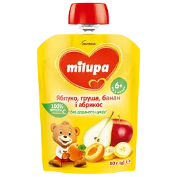 Фруктове пюре Milupa Pouch Яблуко, груша, банан і абрикос 80 г