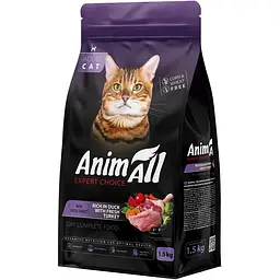 Повнораціонний сухий корм для котів AnimAll зі свіжою індичкою та качкою 1.5 кг