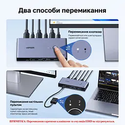 KVM-перемикач UGREEN CM695 DisplayPort 1.4 2 ПК і 1 монітор до 8K 60 Гц або 4K 240 Гц 3 USB-A та 1 USB-C USB 3.0 до 5 Гбіт/с для 8K 60 Гц (25962A) - мініатюра 5