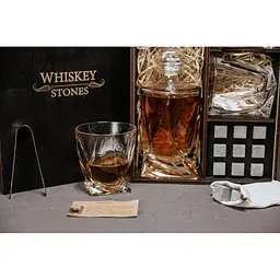Подарунковий набір Whiskey Stones камені для віскі у дерев'яному пеналі №7 + декантер і 2 склянки Bohemia Quadro + щипці + мішечок - мініатюра 4