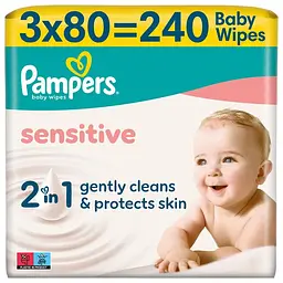 Набір дитячі вологі серветки Pampers Sensitive 240 шт. (3 упаковки x 80 шт.)