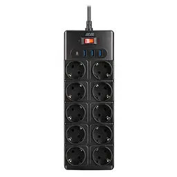 Мережевий фільтр-подовжувач 2E SP-10M-3USB-BK 3 м, 10xТип F, 16 А, 3xUSB-A, 1xUSB-C