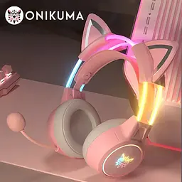 Накладні ігрові навушники Onikuma X15 Pro дротові з гарнітурою і котячими вушками та RGB-підсвіткою рожеві - мініатюра 2