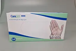 Рукавички одноразові вінілові білі CARE 365, розмір M, 100 шт, неопудрені, для огляду, клінінгу та сервісу