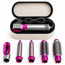 Фен - стайлер для волосся HAIR BRUSH 1000вт  5 в 1  насадок 5 шт з іонізацією у сріблястому кейсі