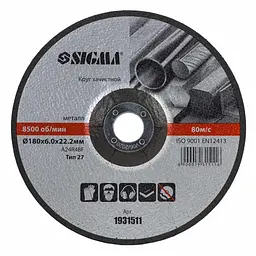 Круг зачисний по металу Sigma Ø180×6.0×22.2 мм 8500 об/хв (1931511)