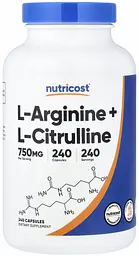 Амінокислоти L-Аргінін + L-Цитрулін, 240 капсул Nutricost