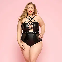 Сексуальне боді JSY Пристрасна Лорейн Plus Size Black, люверси, стрепи, екошкіра, шнурівка