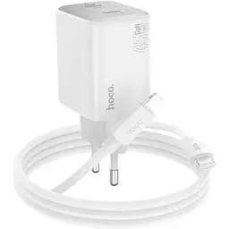 Набір СЗУ HOCO N42 + кабель Lighting, 2xUSB-C, PD45W, кабель 1м, White, Box