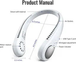 Портативний шийний вентилятор Type-C USB перезаряджається - мініатюра 6