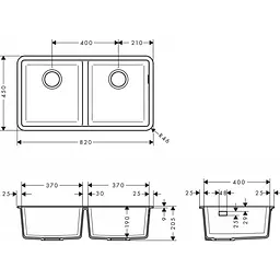 Кухонна мийка Hansgrohe S510-U770 під стільницю 820x450 на дві чаші 370/370 Graphiteblack 43434170, Чорний - мініатюра 2