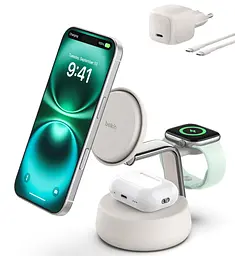 Зарядний пристрій бездротовий Belkin UltraCharge Pro 3-in-1 Magnetic Charging Dock 25Вт, Sand
