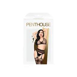 Комплект Penthouse Smoking Gun XL Black, топ-бюстьє, колготки з доступом, імітація пояса для панчіх - мініатюра 3