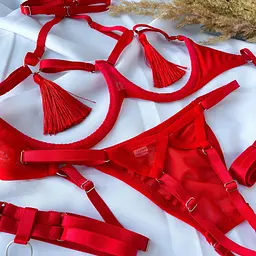 Еротичний комплект білизни з відкритим доступом червоний — Комплект із чокером та гартерами S/M/L - мініатюра 7