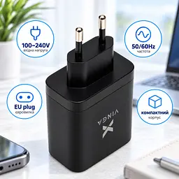 Зарядний пристрій Vinga 2xUSB-C + USB-A Display 65W (VCR65ACCDB) - мініатюра 2
