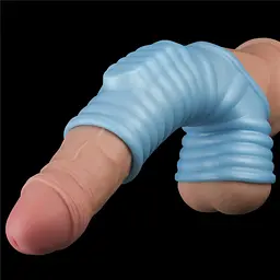 Насадка на пеніс з вібрацією Lovetoy Knights Ring Vibrating Wave With Scrotum Sleeve 14.4 см блакитний - мініатюра 9