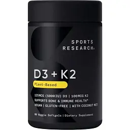Вітаміни Sport Research D3 5000 МО + K2 100 мкг 60 м'яких капсул
