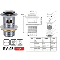 Донний клапан для раковини Zerix BV-05 з переливом автоматичний Click-Clack 1 1/4″ ZX6022 - мініатюра 2