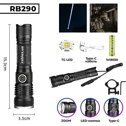 Ручний ліхтар RB-290 акумуляторний із зумом TG LED Type-C 18650 Чорний - мініатюра 3