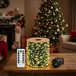 Светодиодная LED гирлянда сетевая Роса с пультом управления 120 м 1200 LED диодов новогодняя уличная комнатная 8 динамических режимов защита IP44 провод зеленый цвет света Теплый Белый