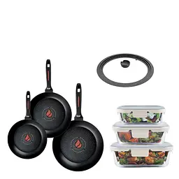 Набір сковорідок Smart Fry (24, 26, 28 см), скляних контейнерів та універсальної кришки + Набір кухонних дошок та
