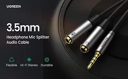 Спліттер UGREEN перехідник-розгалужувач 3.5mm AM to 3.5mm 2 AF з нейлоновою оплеткою 20СМ Metal Black (AV192) - мініатюра 8
