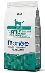 Сухий корм Monge Cat Hairball Rich in Chicken для котів всіх порід зі смаком курки та кукурудзи 1.5 кг (8009470005234)
