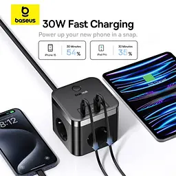 Сітчасте зарядне пристрій Baseus PowerCombo Cube Power Strip 3AC+2U+2C 30W 1.5m EU чорний E00066400117-00 - мініатюра 5