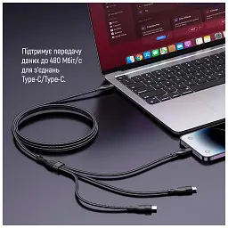 Дата кабель USB-C to Lightning + Micro 5P + USB-C 1.2m 3.0A (PD60W data) Black ColorWay (CW-CBPDU3060-BK) - мініатюра 10