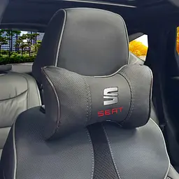 Подушка на підголівник з логотипом Seat Екошкіра 3D Кольоровий лого Чорна-Коричневий кант 1 шт