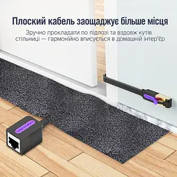 Плоский кабель-удлинитель Ethernet Vention 0,5 м сетевой патч-корд RJ45 8P8C штекер для подключения к порту и гнездо для кабеля Cat.7 10 Гбит/с для прокладки вдоль стен и в узких промежутках полоса пропускания 600 МГц чёрный (ICBBD) - миниатюра 3