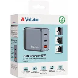 Зарядний пристрій Verbatim GaN 65 W 3 ports (2xUSB-C-65 W /USB-A -3.0) (32201) - мініатюра 3