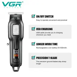 Машинка для стрижки VGR V-918, акумуляторна, Т-подібне лезо, чотири насадки, LED дисплей - мініатюра 3