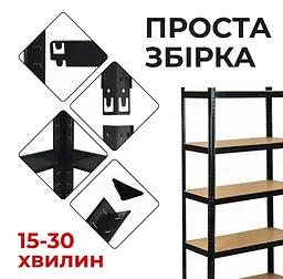 Стелаж LEOBRO Чорний 180 х 180 х 40 см, 175кг/полиця, 5 полиць (LB-R175-BLKX2) - мініатюра 2