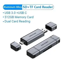 Зчитувач флеш-карт Vention USB 3.0 AM/USB-C to SD+TF Gray Dual Drive Letter Aluminum Alloy (CLLH0) - мініатюра 3