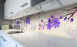 Вініловий кухонний фартух Фіолетові квіти на гілці наклейка для кухні ПВХ Бежевий Happy Pocket Z181784