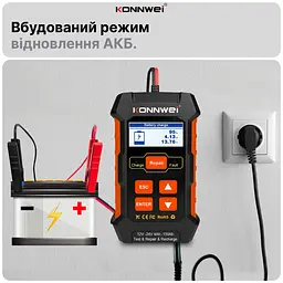 Зарядний пристрій 12В 10А / 24В 5А Тестер акумуляторних батарей автомобільний Konnwei KW520 цифровий аналізатор батарей, десульфатор 12V/24V, 4-150Ah (19507) - мініатюра 7