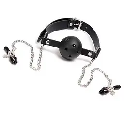 BDSM-аксесуар кляп із затискачами для сосків Чорний K000766 - мініатюра 2