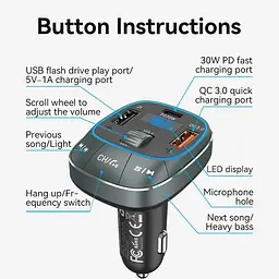 Автомобільний FM-трансмітер Vention PD 54W 3-Port USB (C+A+A) LED/USB Flash/Bluetooth, вольтметр - мініатюра 8