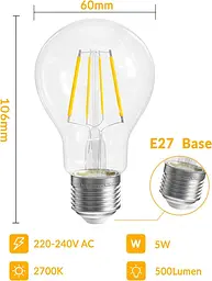 Гвинтова лампа QNINE Warm White E27, 5 Вт (еквівалент 50 Вт), 500 лм, світлодіодна лампа, 2700K, не з підсвічуванням, 3 шт. - мініатюра 2